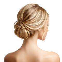 Fototapeta premium Elegant blonde updo hairstyle. Rear view of a woman with a stylish bun. Beauty and fashion concept.