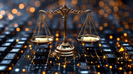 Scales of justice rest upon a glowing circuit board design