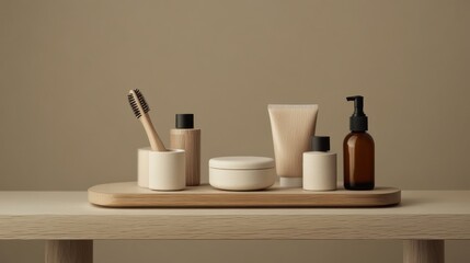 Minimalist bathroom products display, neutral background