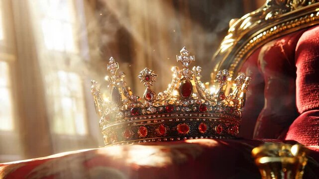 An elaborately crafted golden crown adorned with red gemstones rests elegantly on a plush red velvet throne, bathed in soft, golden sunlight from a grand window. The scene exudes luxury, heritage