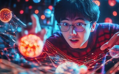 Abstract infographic depicting the exploration of 11 dimensions in quantum mechanics with a Chinese scientist excitedly pointing at a 3D model of alternate realities