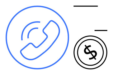 Phone within a circle indicating communication next to a dollar coin symbolizing monetary interaction. Ideal for customer service, billing, business calls, sales, fintech, payments, flat simple