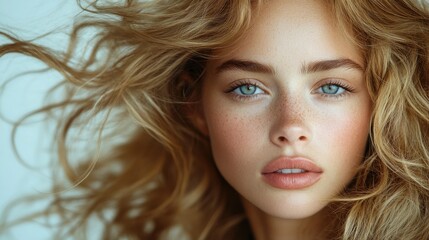 Naklejka premium Captivating Close-Up of a Woman with Freckles and Flowing Hair