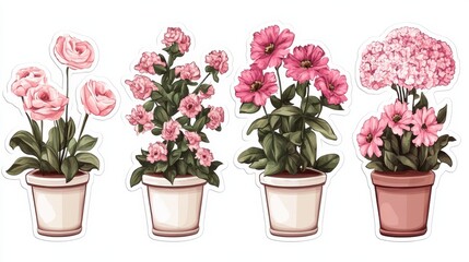 Colorful Pink Flower Pots with Lush Blooming Plants in Various Styles