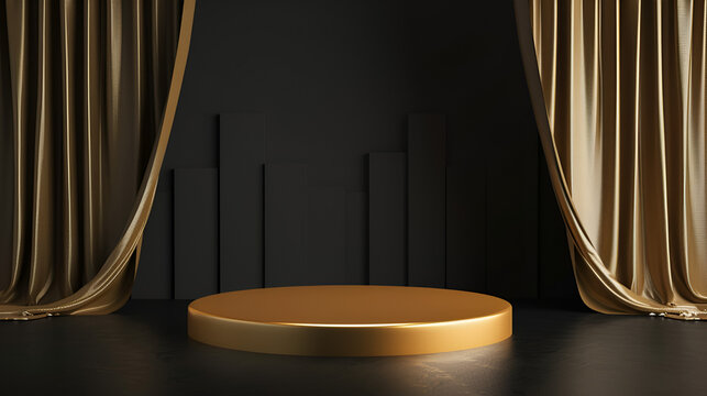 Luxury Product Display: Elegant Gold Podium & Draped Curtains | Premium Presentation Background