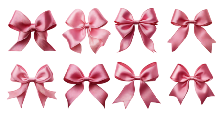 Various Pink Satin Bows Displayed on a White Background, PNG bundle collection, Isolated on Transparent Background