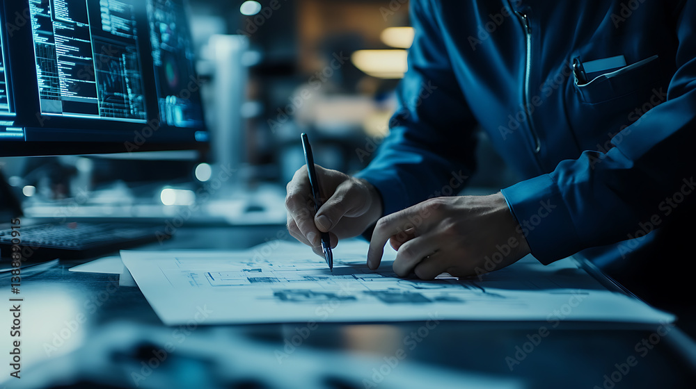 Wall mural a space engineer working on satellite design, futuristic lab with satellite models and design plans 