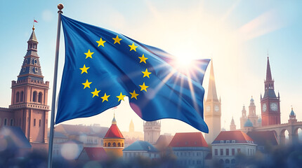 Happy Europe Day, Europe flag on European buildings, May 9, Isolated Background, Generative Ai