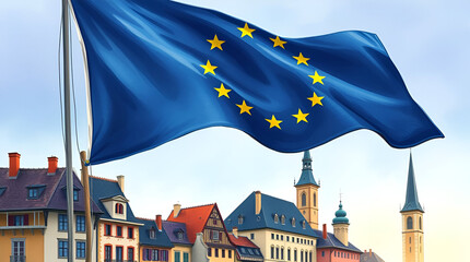 Happy Europe Day, Europe flag on European buildings, May 9, Isolated Background, Generative Ai