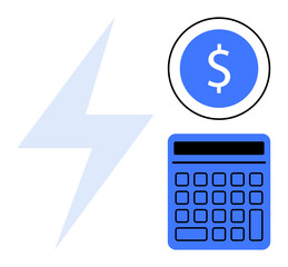Lightning bolt, blue dollar sign on circular badge, and calculator visualizing energy expenses. Ideal for energy management, finance, budgeting, efficiency, cost-saving, sustainability planning