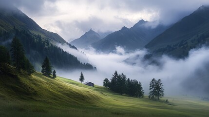 Mountain valley cottage sunrise mist scenic landscape