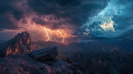Fototapeta premium Mountaintop Lightning Storm Dramatic Landscape
