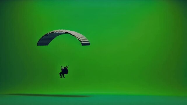 Professional military paratrooper gliding with deployed parachute against green background, showcasing precise descent for seamless compositing and visual effects integration