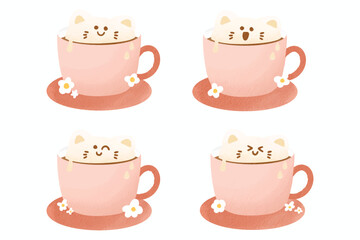 Cat shaped latte on pink mug with various expression. Hand drawn cartoon watercolor style