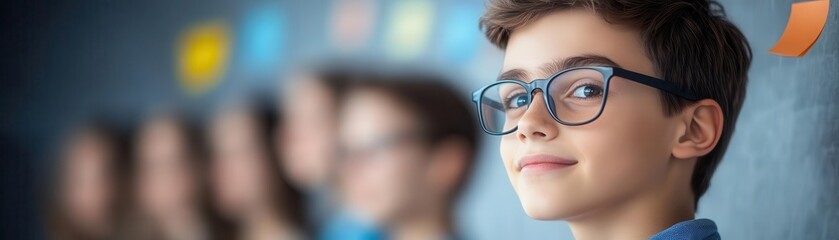 Fototapeta premium A young boy with glasses looks confidently at the camera, surrounded by classmates in a modern classroom setting.