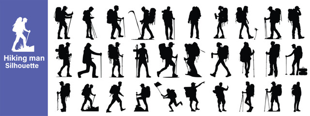 Fototapeta premium Hiker Silhouettes. hiking man with rucksacks silhouette. People with backpack vector silhouettes. mountaineer climber hiker people. Backpacker. woman hiker