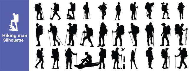 Male and female hiker or Hiking in mountains silhouettes vector