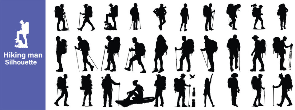 Male and female hiker or Hiking in mountains silhouettes vector