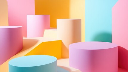 Pastel geometric podiums, product display, minimal background