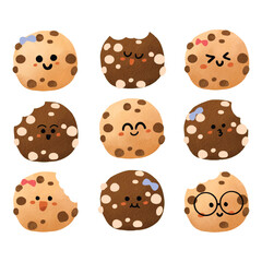 Cookies illustration with various expression. Hand drawn cartoon watercolor style. Vector cookies illustration perfect for sticker, card, social media