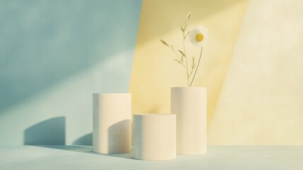 Minimalist display podiums with flower, sunlight, pastel backdrop