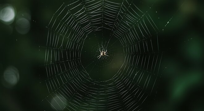 A small spider patiently waits at the center of its intricately woven web a dark green natural setting bokeh effects enhance the mood - Powered by Adobe