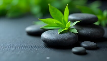 Obraz premium Close-up studio shot of smooth, dark gray stones and vibrant green leaves arranged on a textured black surface
