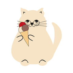 Nice cute funny fat cat with an ice cream isolated vector illustration on white background 