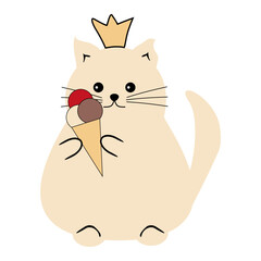 Nice cute funny fat cat with an ice cream isolated vector illustration on white background 