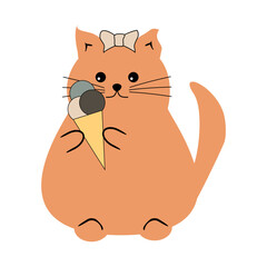 Nice cute funny fat cat with an ice cream isolated vector illustration on white background 