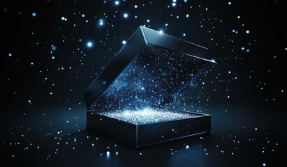 A Magic Mystery box filled with glowing stars and sparkling magic bursts open, symbolizing the thrill and surprises of Black Friday shopping.