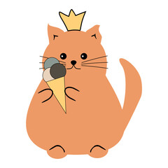 Nice cute funny fat cat with an ice cream isolated vector illustration on white background 