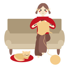Nice knitting girl on the sofa and a cat illustration vector 