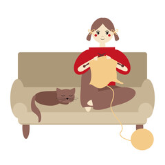 Nice knitting girl on the sofa and a cat illustration vector 