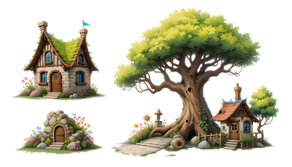 Isolated Cartoon Building Object Set: Bungalow, Tree House, Cottage. Fantastic Frontiers