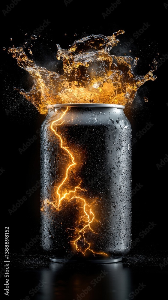 Poster A can of beer is exploding with fire and water