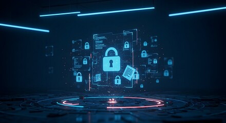 Digital Data Security Concept Cyber Protection with Padlock on Abstract Platform