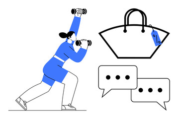 Woman lifting dumbbells, large handbag and chat bubbles in minimalist style. Ideal for fitness, shopping, communication, lifestyle balance, personal goals, multitasking wellness. Abstract line flat