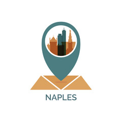 Italy, Naples map pin point geolocation, skyline shape vector logo, icon, isolated illustration. Campania region emblem with landmarks and buildings