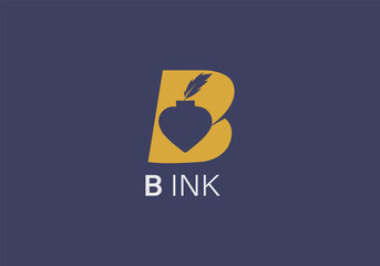 B Ink Logo Design with Feather and Inkwell Creative Typography Concept