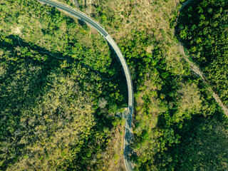 aerial top view above Huai Tong Bridge.. Forest River Bridge under a Blue Sky with Green Landscape...