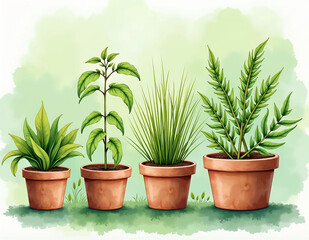 Fototapeta premium Illustration of four diverse potted plants showcasing vibrant green leaves, perfect for gardening, nature, and home decor themes. Ideal for eco-friendly projects and design inspiration.