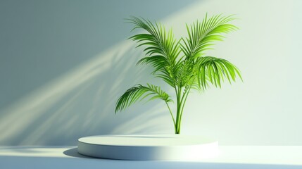 Fototapeta premium Minimalist plant display podium, sunlit backdrop, presentation