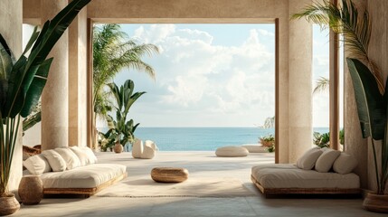 Tropical Mediterranean Interior Lounge with Ocean View and Minimalist Elegance