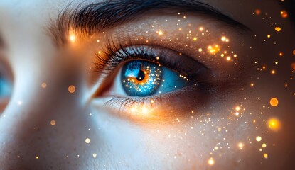 Close-up of a human eye with digital glowing effects and light particles.
