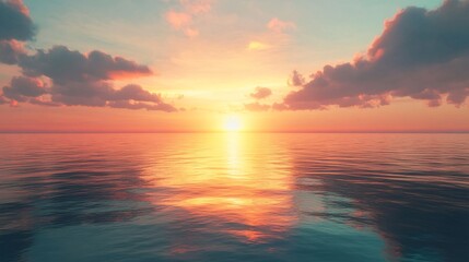 Obraz premium Ocean sunset; calm water reflects sky; cloudscape; peaceful scene; travel brochure