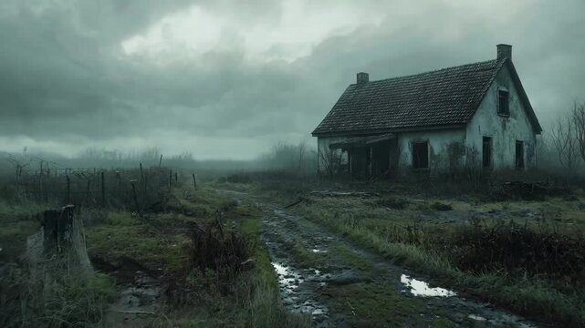 A solitary stone cottage stands quietly in a misty, frost-covered rural landscape, surrounded by rolling hills and a leafless tree, evoking a mood of solitude, nostalgia, and quiet beauty 