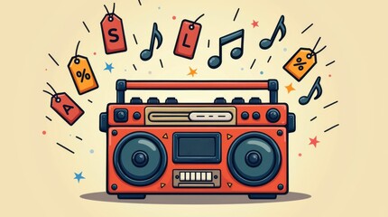 Fototapeta premium Summer sale on music products vibrant boombox with discount tags festive atmosphere creative design