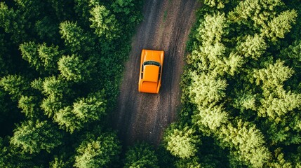 Orange car drives forest road, aerial view, summer