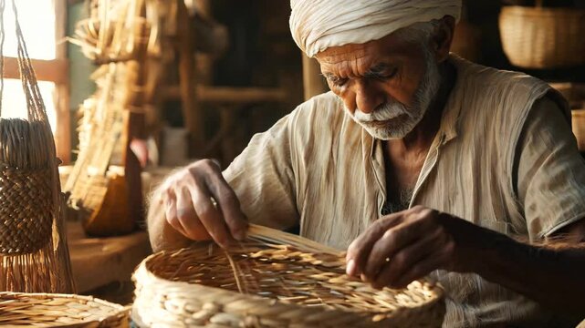 An elderly craftsman skillfully weaves a straw basket by hand, highlighting the beauty of traditional craftsmanship and cultural heritage. The image captures focus, patience, and the timeless art 